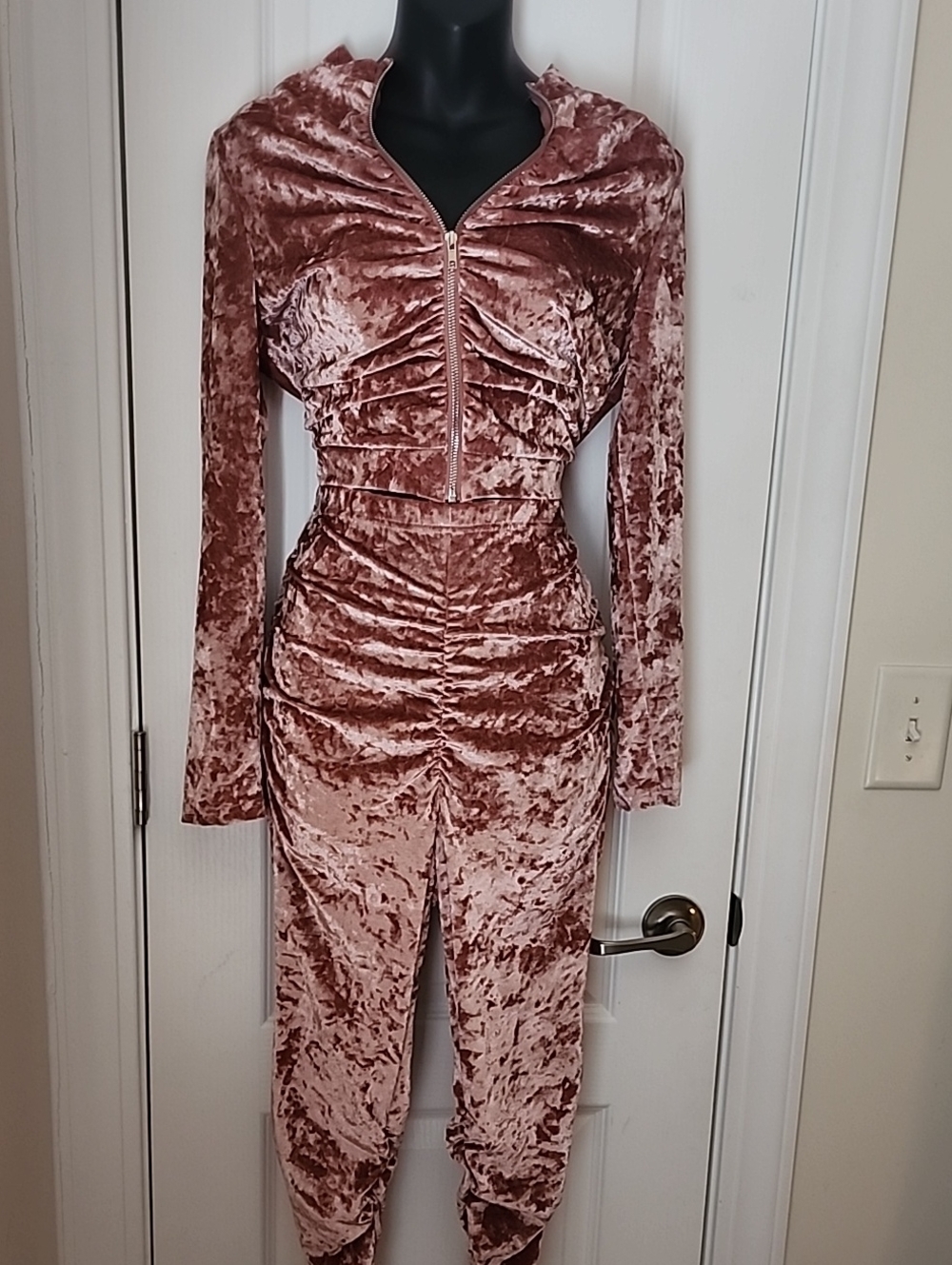 Crushed Velvet Ruched Zip-Front Two-Piece Set - Rose Blush